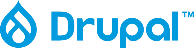 The Drupal logo, featuring a stylized blue water droplet with an abstract design inside, next to the bold blue text 'Drupal' with a trademark symbol in the upper right corner.
